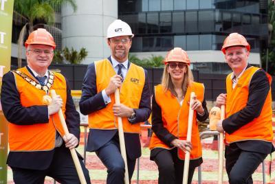 Parramatta Lord Mayor Andrew Wilson, GPT's Matthew Faddy and QBE's Renee Roberts and Chris Killourhy