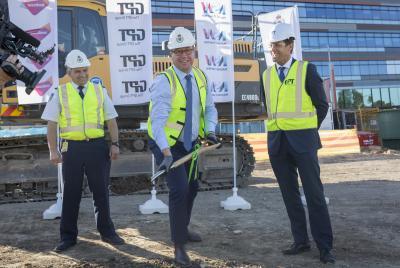 RFS Deputy Commissioner Rob Rogers, NSW Minister for Police & Emergency Services Troy Grant and GPT Head of Office & Logistics Matthew Faddy  at the 4 Murray Rose Avenue site.