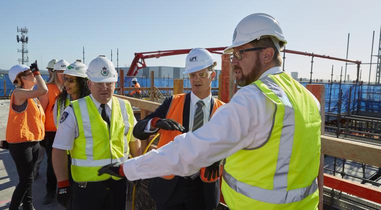 (from left) RFS Commissoner Shane Fitzsimmons, GPT's Head of Development Office Jamie Nelson and NSW Minister for Police and Emergency Services Troy Grant 